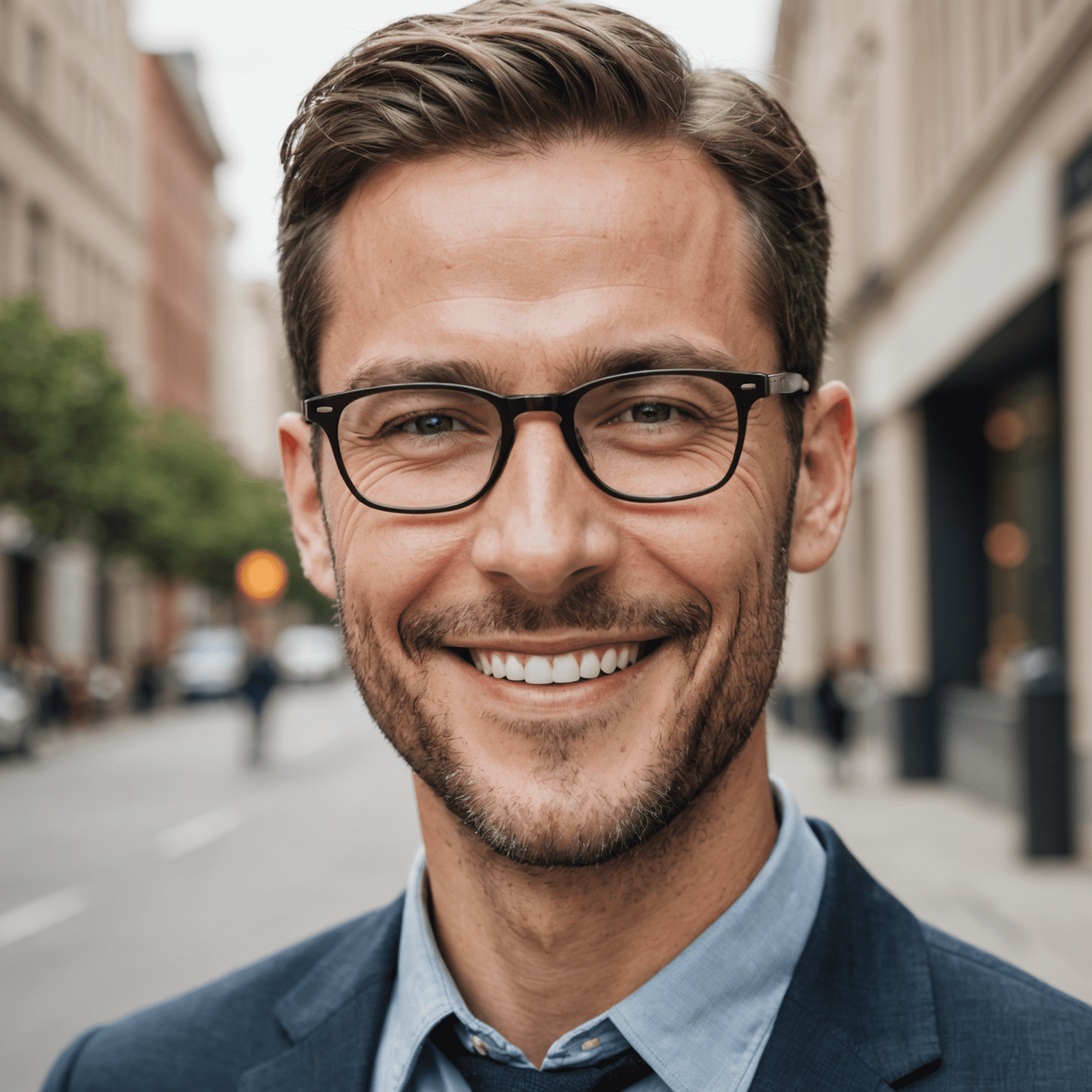 Photo of the founder, a professional-looking man in his 30s wearing glasses and smiling at the camera