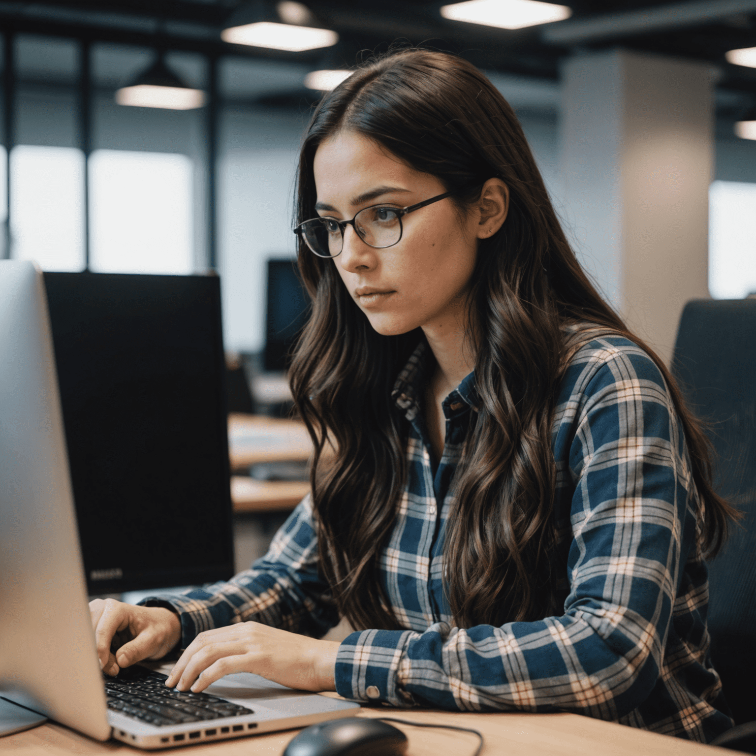 Photo of the lead developer, a young woman with long dark hair, wearing a plaid shirt and focusing on her computer screen